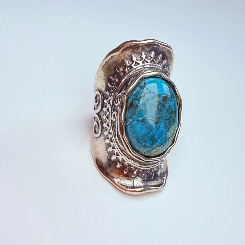 DIDAE 9.5CT Real Eliat Turquoise Sterling Silver Vintage Boho Saddle Israel Ring - Picture 2 of 12